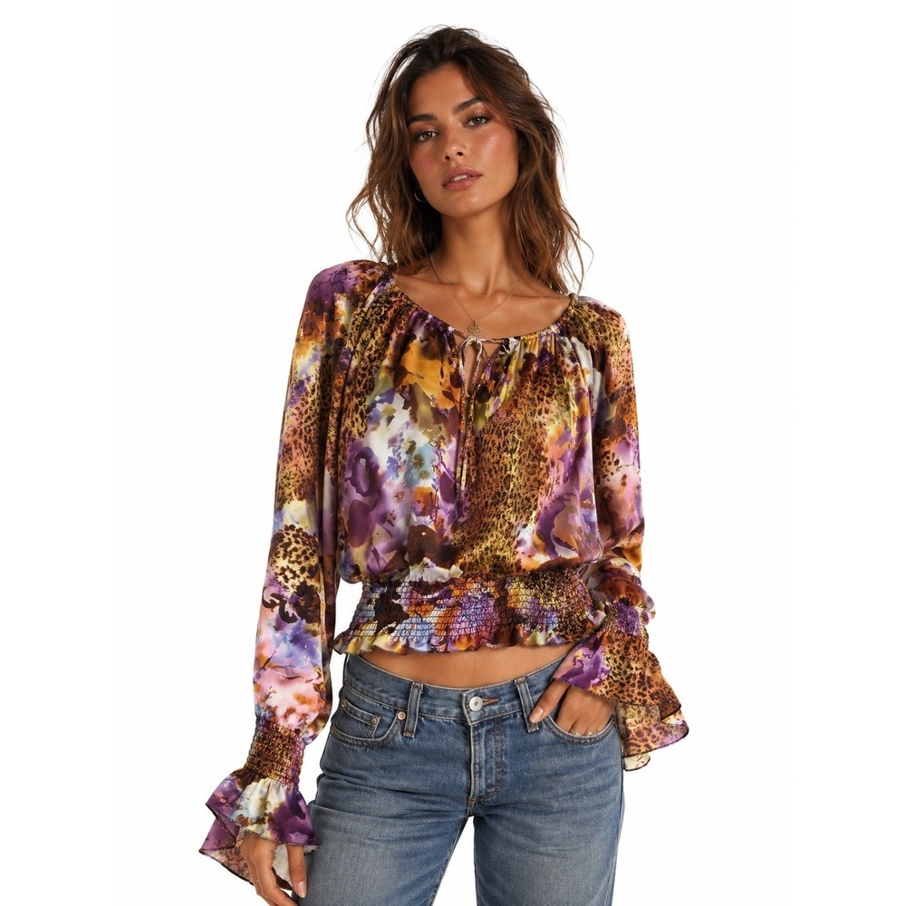 Y2K Cache Silk Top S Purple Animal Print Smocked Bell Sleeve Indie Boho Glam